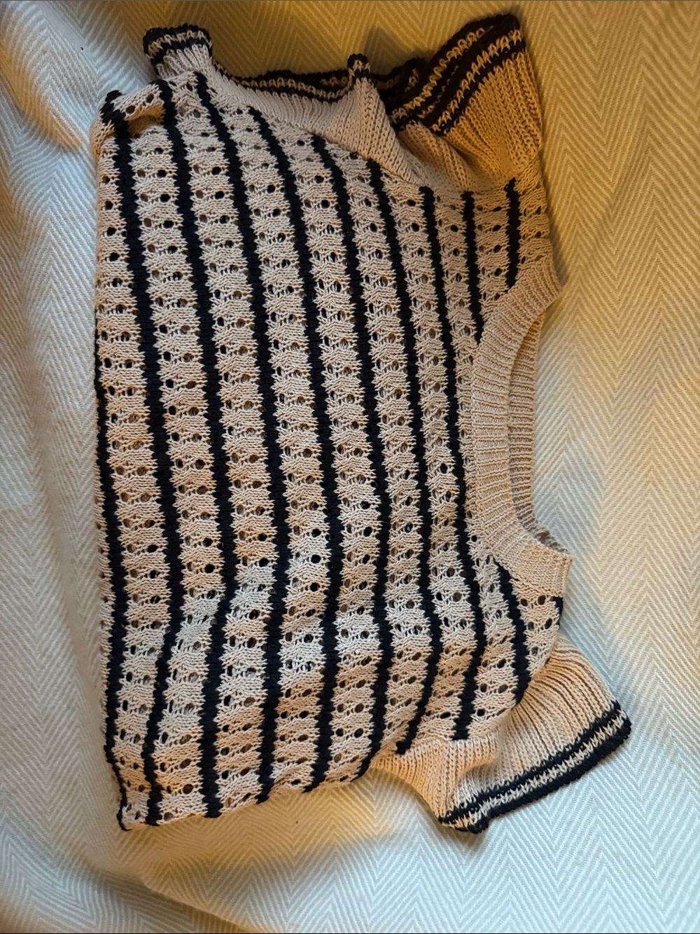 SHEIN Black & Cream Striped Open-Knit Crew Sweater